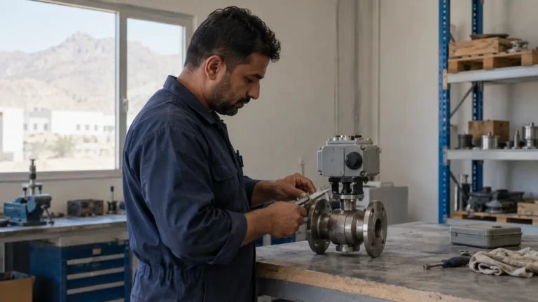 Technician inspecting an industrial valve in an Oman workshop