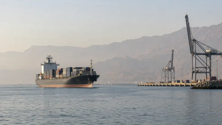 Container ship approaching an Omani commercial port
