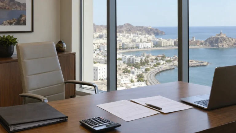 Property cost documents and calculator in an office in Muscat