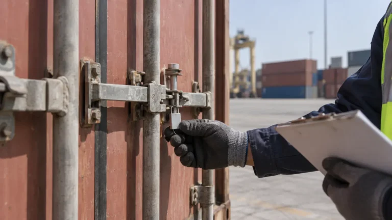 Port worker inspecting a shipping container seal in Oman