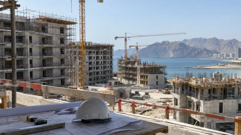 Residential construction project in Oman with cranes and building plans