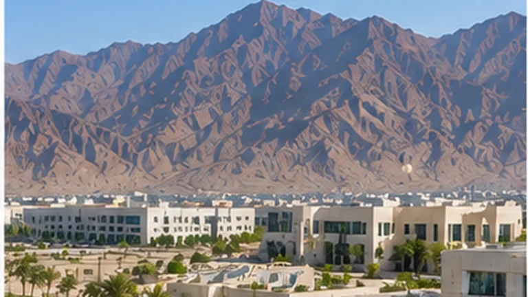 Modern Oman industrial campus with mountain backdrop