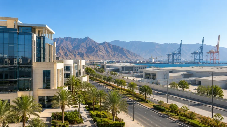 Modern Oman business district beside an industrial port and free-zone area