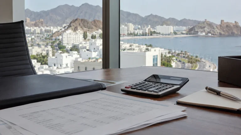 Mortgage documents and calculator in an office overlooking Muscat