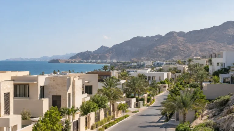 Residential community in Oman beneath the Hajar Mountains