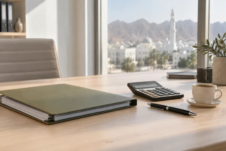 Minimal natural photograph of an Oman company tax records desk