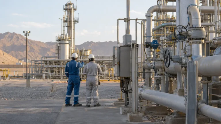 Engineers inspecting a gas processing facility in Oman