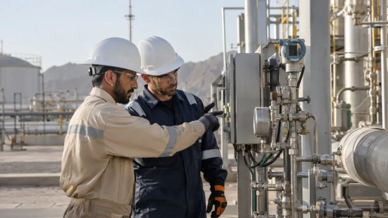 Two engineers inspecting industrial control equipment at an energy facility in Oman