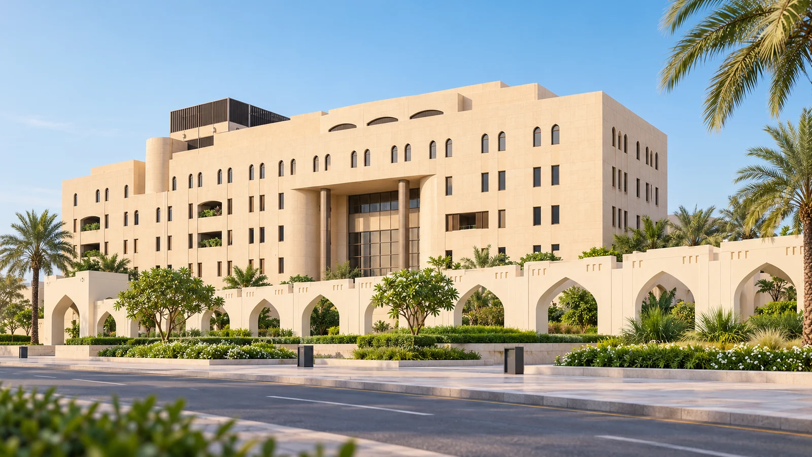 تصویرسازی معماری با الهام از وزارت تجارت عمان؛ تولیدشده با هوش مصنوعی، نه عکس مستند.