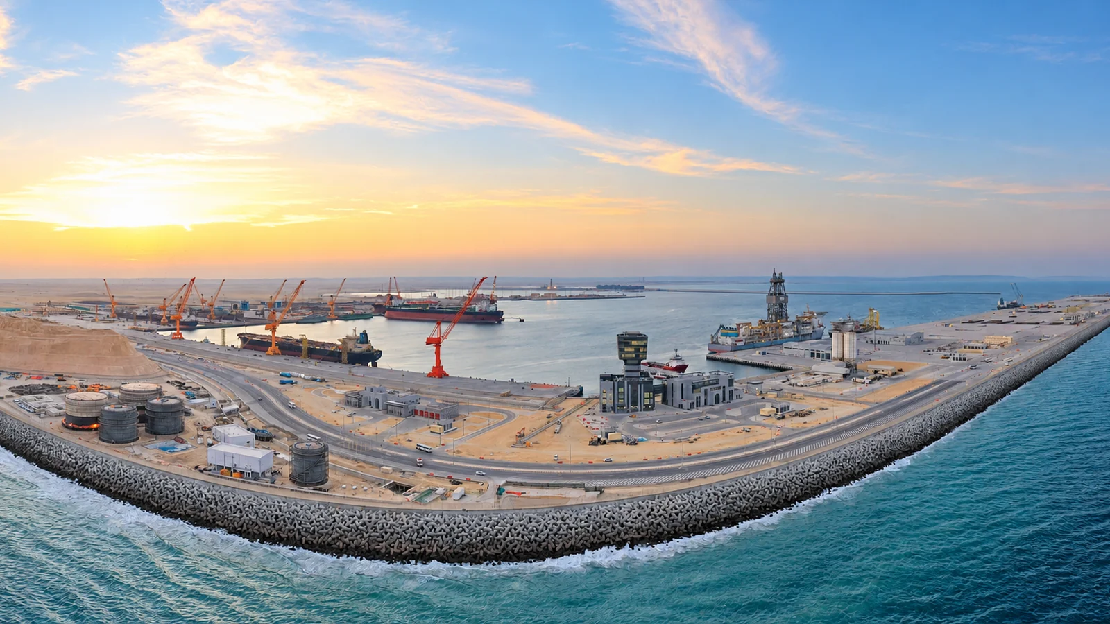 Puerto de Duqm; imagen mejorada a partir de una fotografía de 2020.
