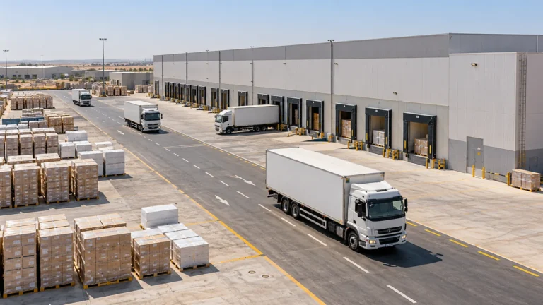 Regional distribution warehouse and cargo trucks in Salalah Free Zone, Oman