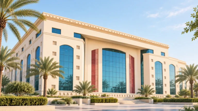 AI-generated architectural illustration inspired by the Oman Tax Authority facade